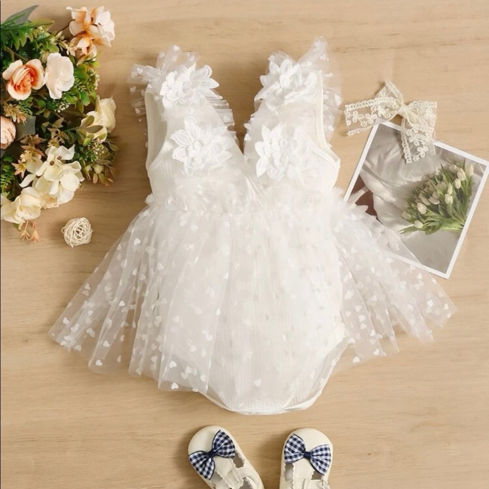 Baby Girl White flocked Heart Tulle Flower dress